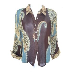 Alberto Makali Vintage Top Crinkle Sheer Paisley Button Front 3/4 Sleeve Size Sm